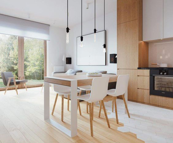 Lantai dapur dan ruang makan kombinasi vinil motif kayu dan keramik heksagonal (Sumber: maikahome.com)