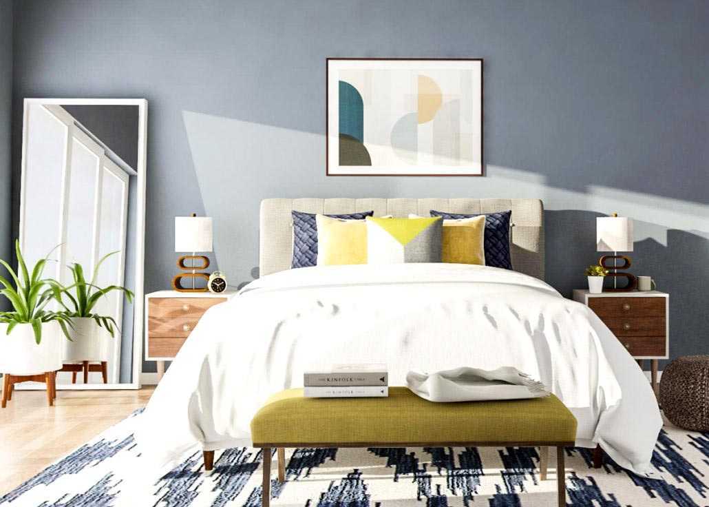 Kamar tidur bergaya mid-century modern dengan permainan pola cantik warna biru // blog.modsy.com